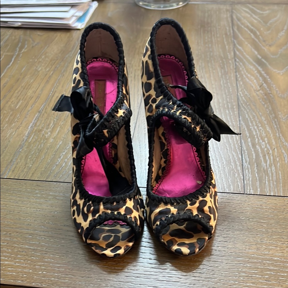 Leopard Print Peep Toe Heels with Black Bow